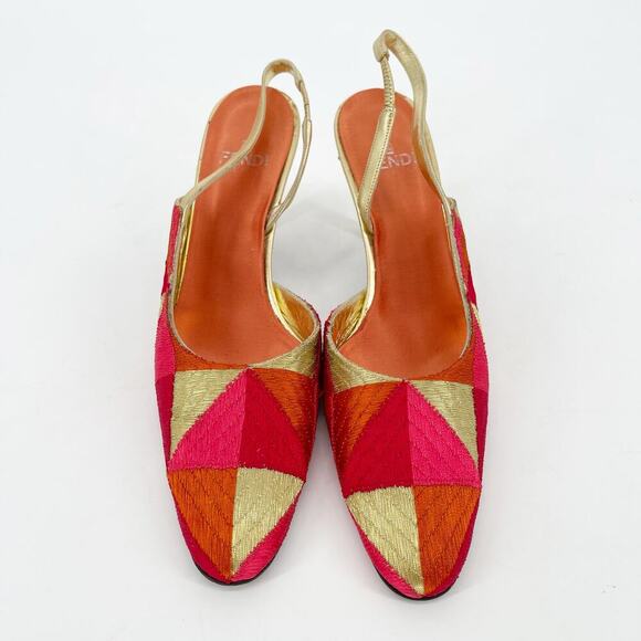 Vintage Fendi Nappa Lamé Metallic Multicolor Geometric Slingback Pump Heel US 8 - Picture 6 of 12